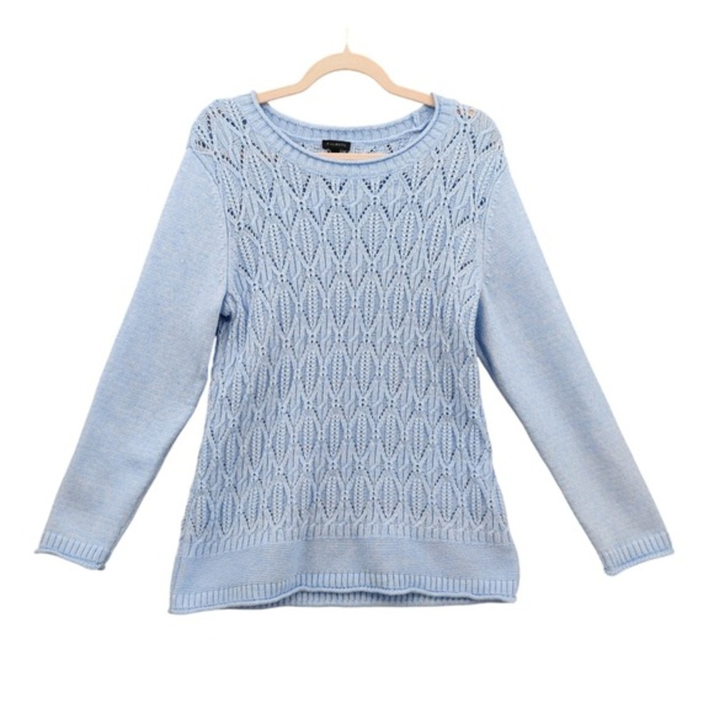 Talbots Womens Coastal Preppy Wool Blend Pointelle Open Knit Sweater L Blue